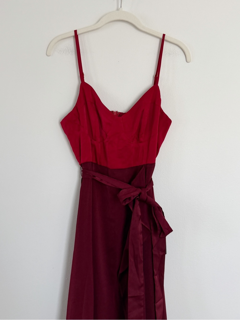 Lulus Double Darling Burgundy Color Block Satin Ruffled Maxi Dress Medium NWT - Picture 7 of 7